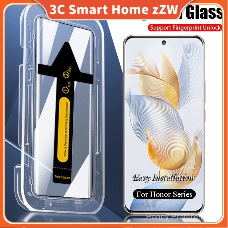 ฝาครอบติดตั้งง่ายอัตโนมัติฝุ่นกระจกนิรภัยสําหรับ Honor 400 300 200 100 90 80 70 60 50 Pro X9C X9A X9b Magic8 7 6 5 4 Pro Lite ป้องกันหน้าจอขอบกาว
