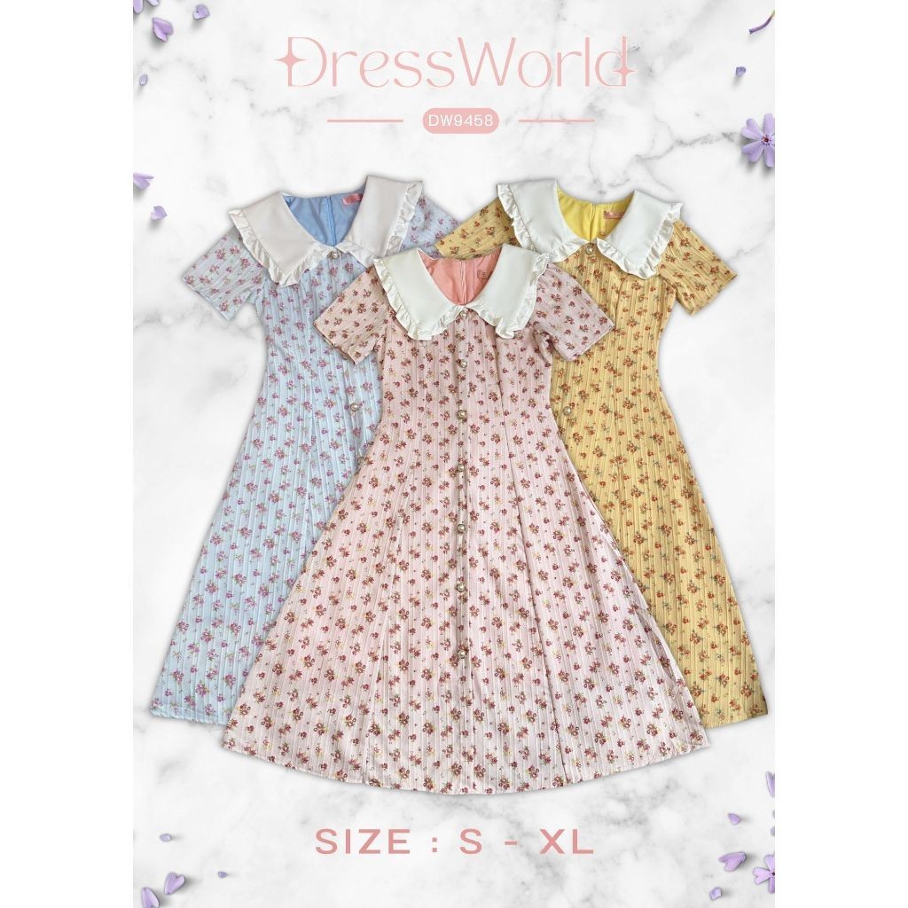 {S-XL} 9458 งานป้าย Dress World เดรสสั้นคอปก ทรงบานน ลายดอก แต่งกระดุมหน้า น้องน่ารัก รีบจับจองเลยน๊า