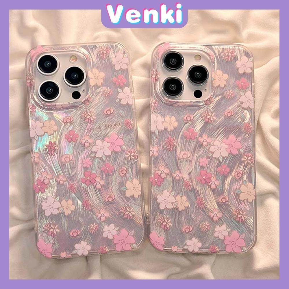 VENKI - สำหรับ iPhone 11 15 PRO MAX เคส iPhone ขนนกสีเงินหรูหราโฮโลแกรมเลเซอร์เคสใส Soft TPU ลายดอกไม้สีชมพู เข้ากันได้กับ iPhone 14 13 Pro max 12 Pro Max 11 XR