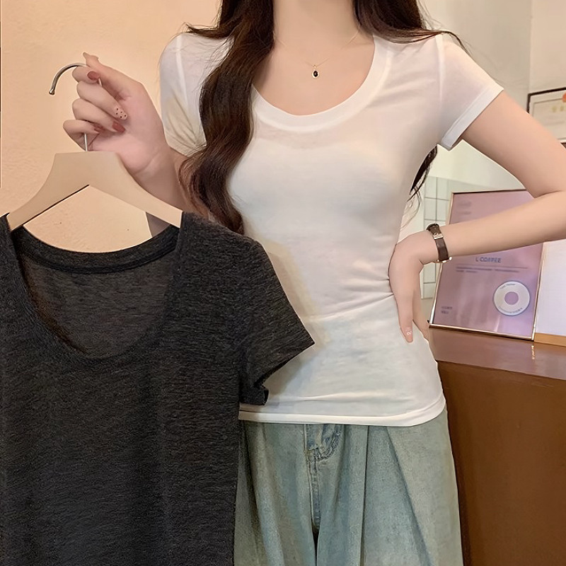 Suysuy พร้อมส่ง เสื้อยืด คอกลม สีพื้น แขนสั้น ชายเสื้อระบาย ทรงสวย ผ้าเรยอน นุ่มๆ ใส่สบาย ไม่ร้อน