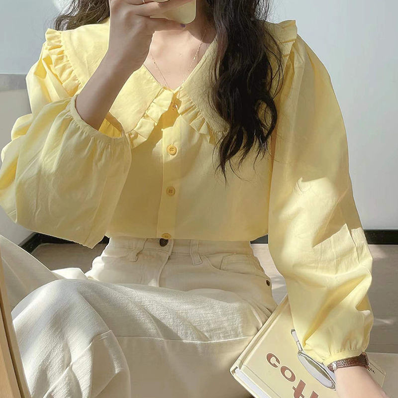 ส่งไวจากไทย Summer S-XL เสื้อเชิ้ตแขนยาว คอตุ๊กตา สีเหลืองครีม เสื้อ JK แฟชั่นฤดูใบไม้ผลิ สไตล์ฝรั่งเศสเรโทร