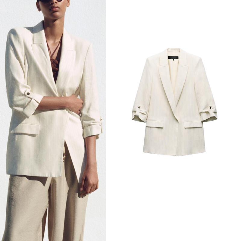 Zara ฤดูใบไม้ร่วงสไตล์ใหม่ยุโรปอเมริกันแฟชั่น Commuter Lapel Tie ไหล่ Pad Rollable Sleeve Casual Blazer 2182491