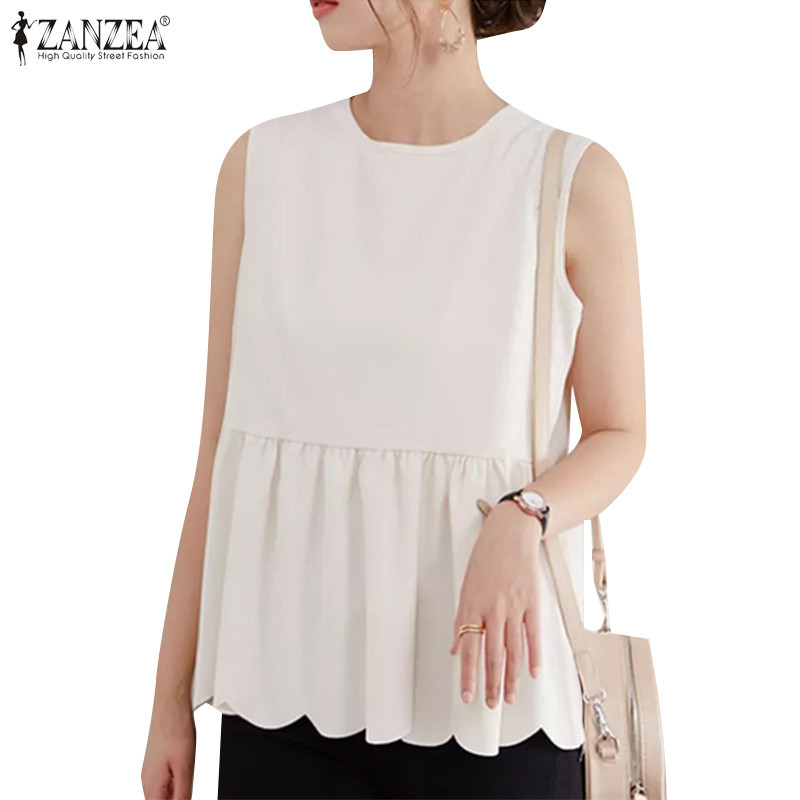 Zanzea ผู ้ หญิงแฟชั ่ นเกาหลีสีทึบ O-คอแขนกุด A-Line Tanks