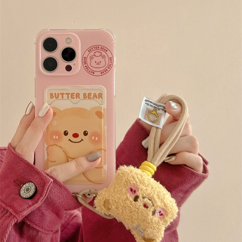 ใช้งานร่วมกับสําหรับiphone 15 14 13 12 11 Pro MAX X XR XS MAX 7 8 Plus SE 2020 น่ารักการ์ตูนเนยตุ๊กตาหมีใส่การ์ดcaprilityเคสโทรศัพท์ปกอ่อน
