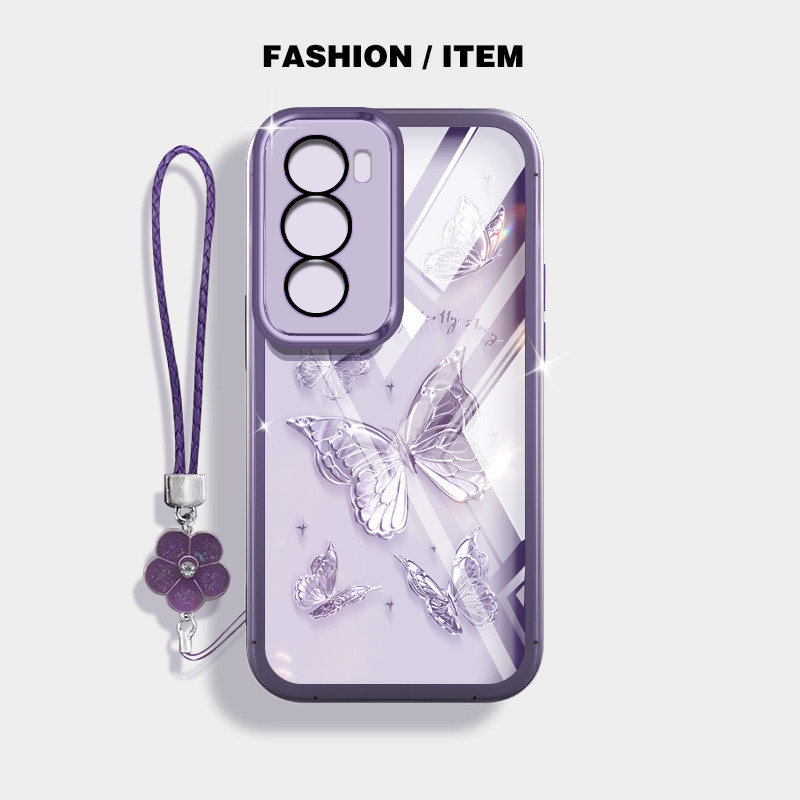 ผีเสื้อหรูหราเคสโทรศัพท์กันกระแทกสําหรับoppo Reno 12 5G Reno12 F Reno12 Pro 5G 12Fปลอกโปร่งใสฝาครอบป้องกันด้วยเชือกแขวนดอกไม้
