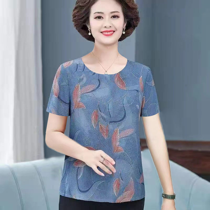ผู้สูงอายุวัยกลางคนแม่ผ้าไหมน้ําแข็งเสื้อยืดแฟชั่นที่ไม่ซ้ํากันพิมพ์แขนสั้นออกแบบสไตล์ตะวันตกหลวม ผอมลง ดูด้านบนวัยกลางคนผู้สูงอายุแม่ผ้าไหมน้ําแข็งเสื้อยืดแฟชั่นไม่ซ้ําพิมพ์สั @-
