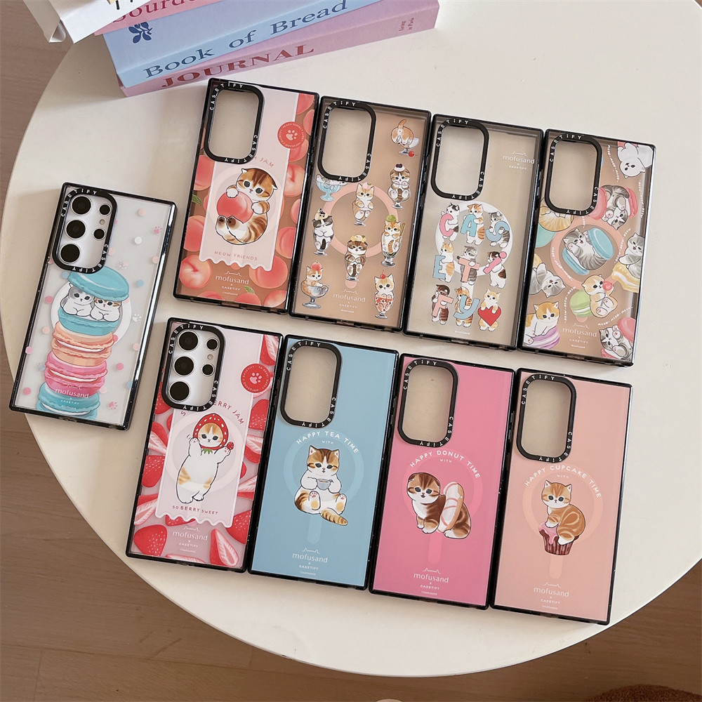 Casetifg น่ารักสีส้ม Cat Series ชาร์จแม่เหล็กกันกระแทกเคสโทรศัพท์พร้อมกล่องสําหรับ Samsung Galaxy S22 S23 S24 Ultra S24 Plus นุ่มด้านข้างตัวอักษรปกป้องอะคริลิคใสฮาร์ดปกหลัง