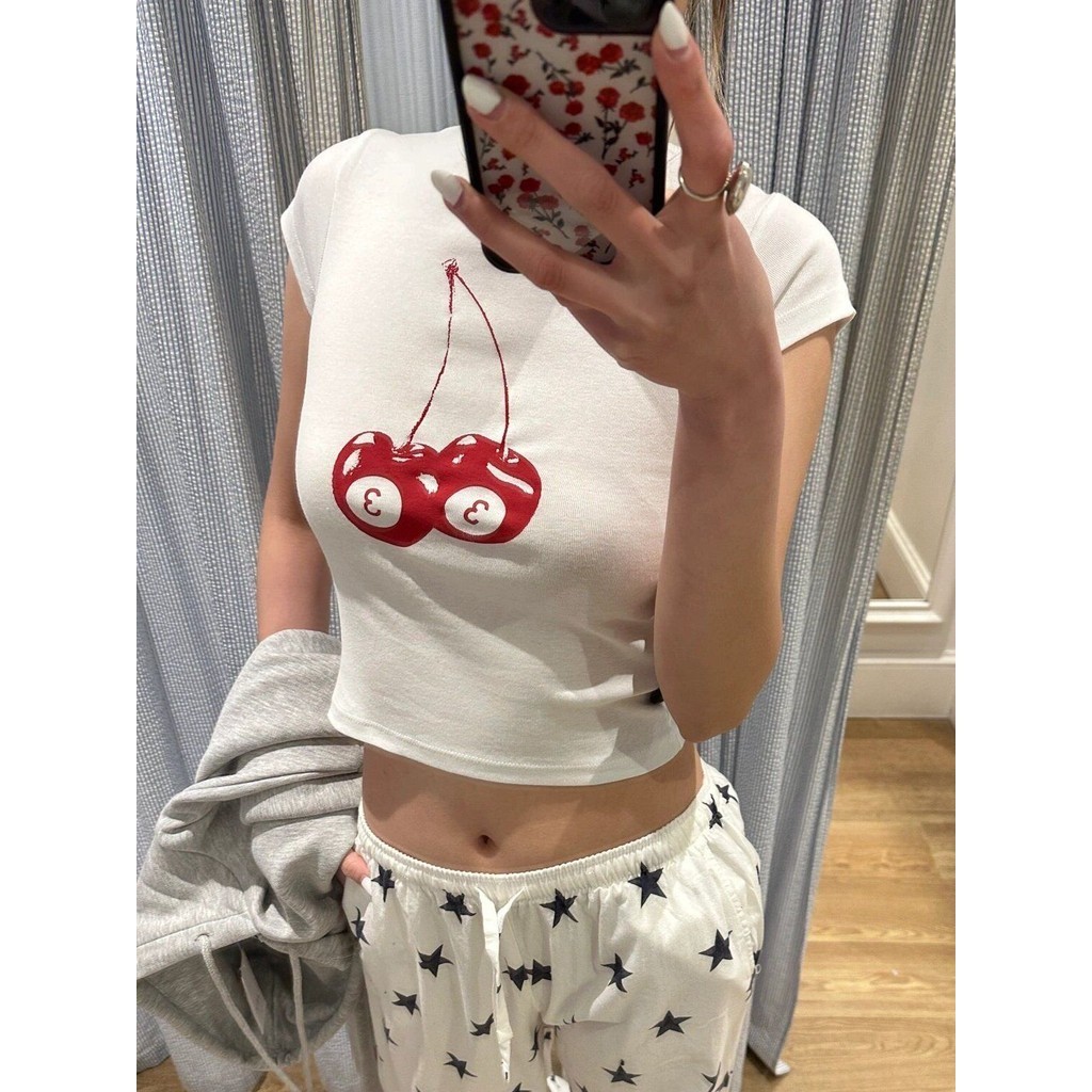 Nuziro Baby Tee - เสื้อยืดแฟชั่นซุปเปอร์หวานเชอร์รี่พิมพ์แขนสั้น #T000437