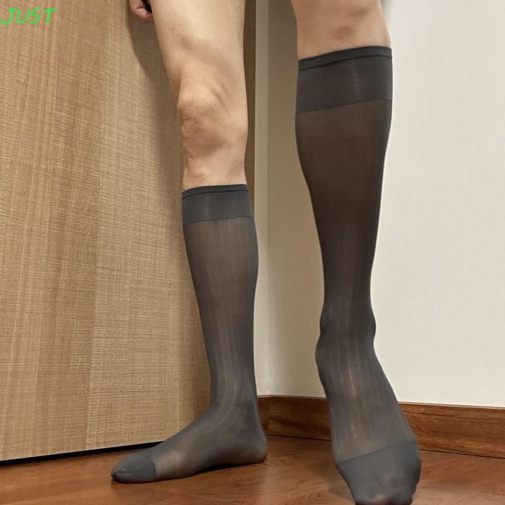 Just Men Thin Dress Tube Socks, ถุงน่องธุรกิจสีทึบบางโปร่งแสง, หลอดกลางสบาย Sheer Hosiery ถุงเท้าผ้าไหมลายกว้างธุรกิจ