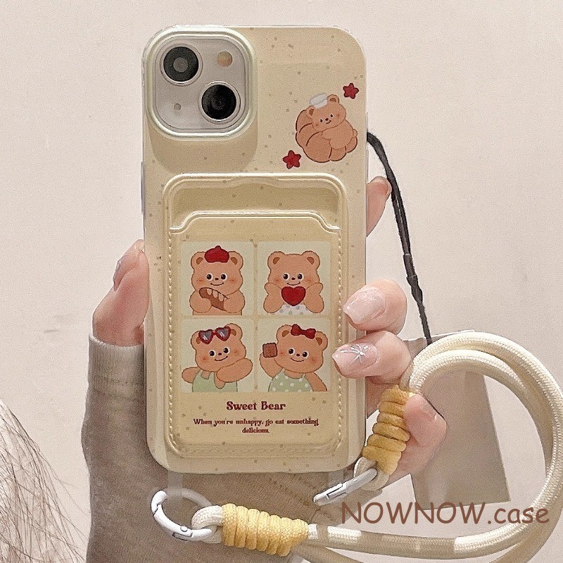 สําหรับiphone 15 14 13 12 11 Pro MAX X XR XS MAX 7 8 Plus SE 2020 INSการ์ตูนน่ารักเนยหมีภาพกระเป๋าสาวหัวใจเคสโทรศัพท์พร้อมสายรัดข้อมือเชือกแขวน