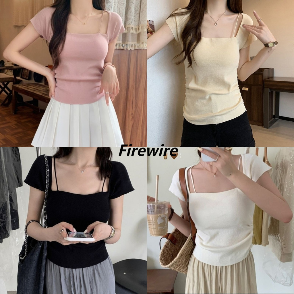 Firewire พร้อมส่ง เกาหลีน่ารัก 2 สายรัดด้านข้างรายละเอียดแขนสั้นเสื้อขนสัตว์ผู้หญิงด้านบน(16006)-C