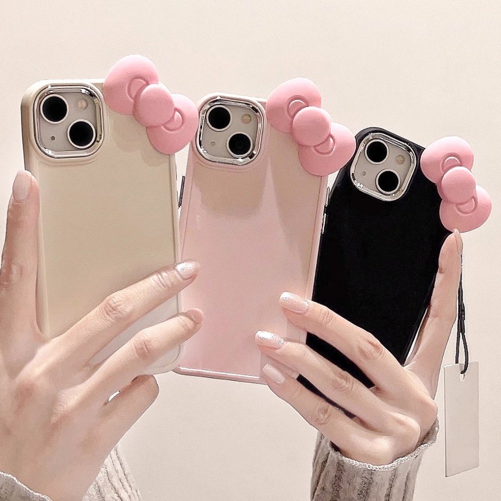 เคสโทรศัพท์มือถือ ซิลิโคนนิ่ม กันกระแทก ประดับโบว์ 3D สีชมพู สไตล์เกาหลี สําหรับ IPhone 15 14 13 12 11 Pro Max X XR