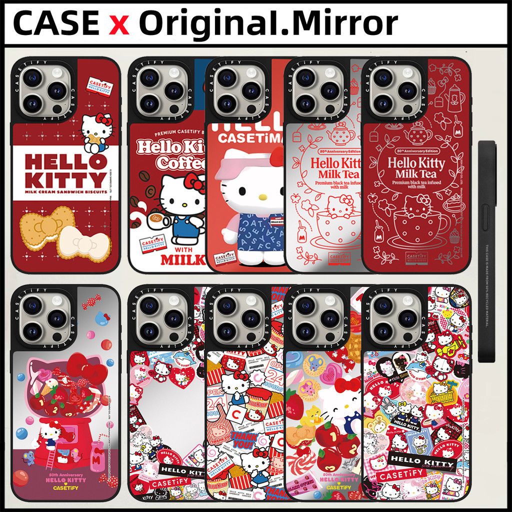Casetify Hello Kitty 50th Anniversary สติกเกอร์กระจก iPhone สําหรับ 15 Pro MAX 14 13 12 11 Pro MAX 14 15 Plus TPU ตัวอักษรด้านข้างกันกระแทกฝาครอบโทรศัพท์กลับปลอกการ์ตูน