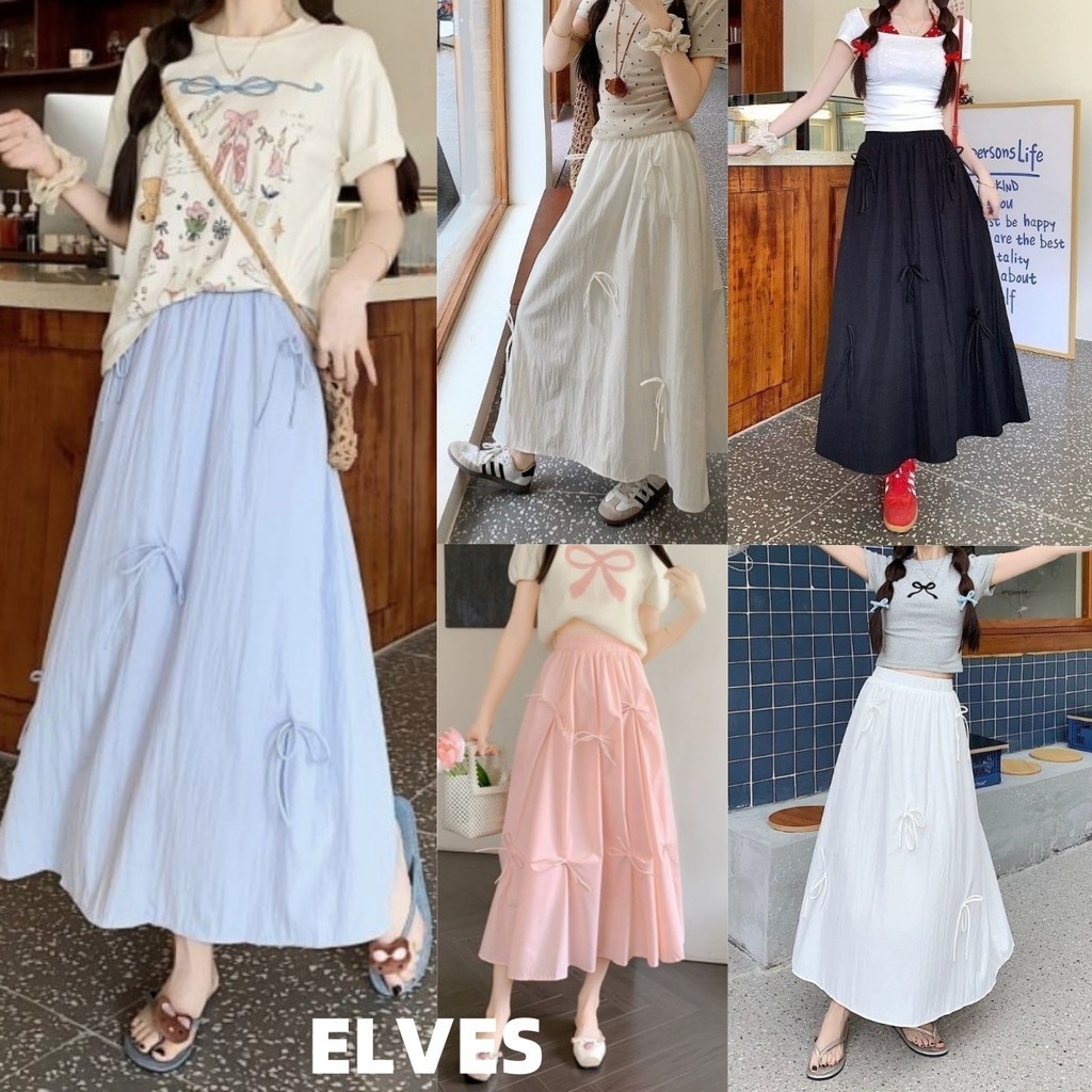 Elves พร้อมส่ง กระโปรงยาวสีทึบของผู้หญิงผ้าใส่สบายสไตล์เกาหลีพร้อมการตกแต่งโบว์"535-F"