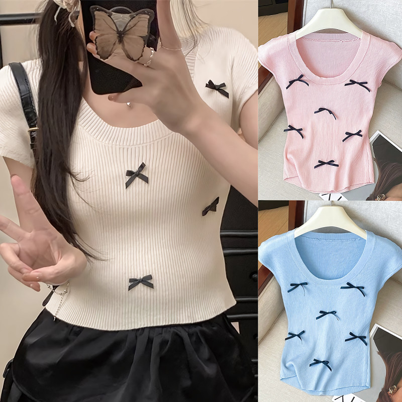 Suysuy พร้อมส่ง เสื้อยืด แขนกุด คอกลม แต่งโบว์ น่ารักๆ ชายเสื้อตัวยู ผ้าเรยอน นุ่มๆ ใส่สบายไม่ร้อน แฟชั่นคุณผู้หญิง