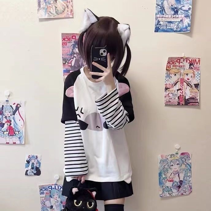 X-สีส้มเสื้อยืดลายทางน่ารักหลวมปลอมสองชิ้นแขนยาวด้านบนฤดูใบไม้ผลิฤดูร้อนสไตล์ใหม่เสื้อผ้าผู้หญิงลําลอง