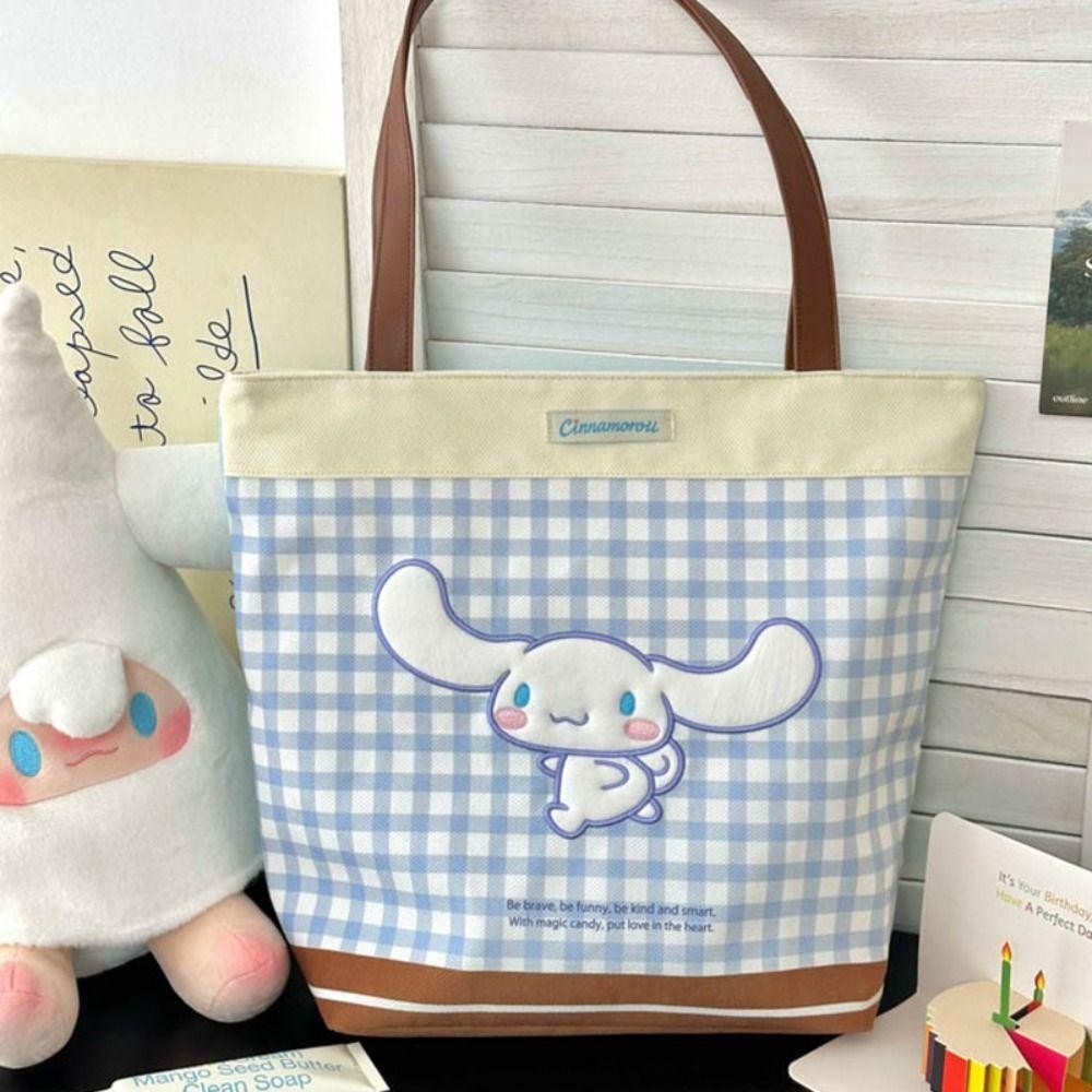 กระเป๋าโท้ต BASTIBAG, กระเป๋าสะพายลายการ์ตูน Kuromi โพลีเอสเตอร์, กระเป๋าถือนักเรียนสีตัดกันลายสก๊อตความจุขนาดใหญ่ Kawaii
