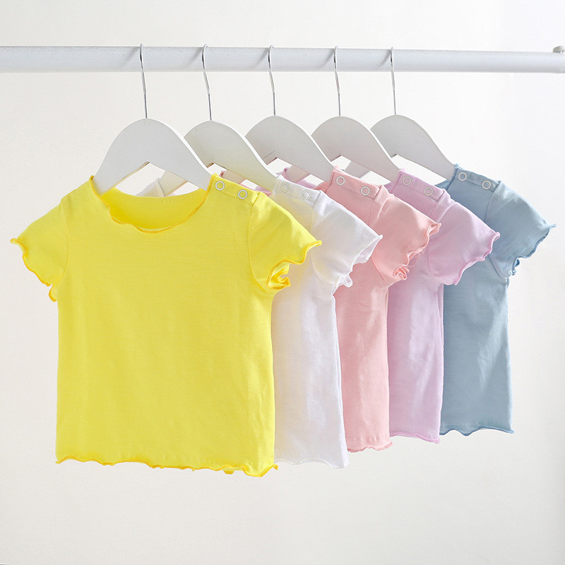 เสื้อยืดแขนสั้นเสื้อผ้าเด็กผู้หญิงสีทึบขอบม้วนด้านบนฤดูร้อนเวอร์ชั่นเกาหลี 2 เดือน -48 เดือน