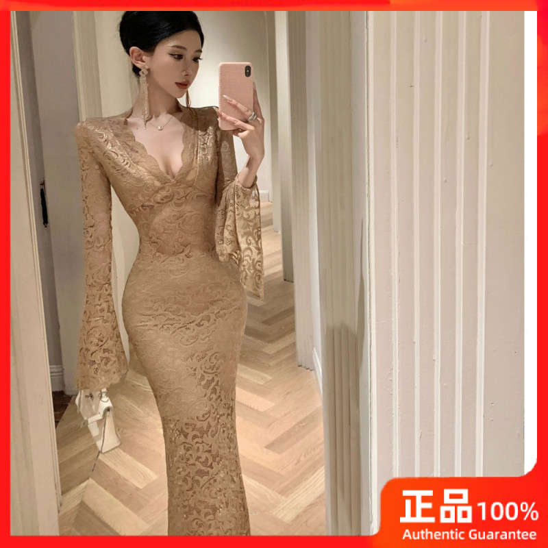 [HMYY] มีในสต็อก~ ชุดเดรสคอวีสำหรับผู้หญิง เสื้อผ้าเซ็กซี่ สง่างาม ทรงเข้ารูป เอวหลุด แขนยาว ลูกไม้ ชุดเดรสยาวกระชับสัดส่วน