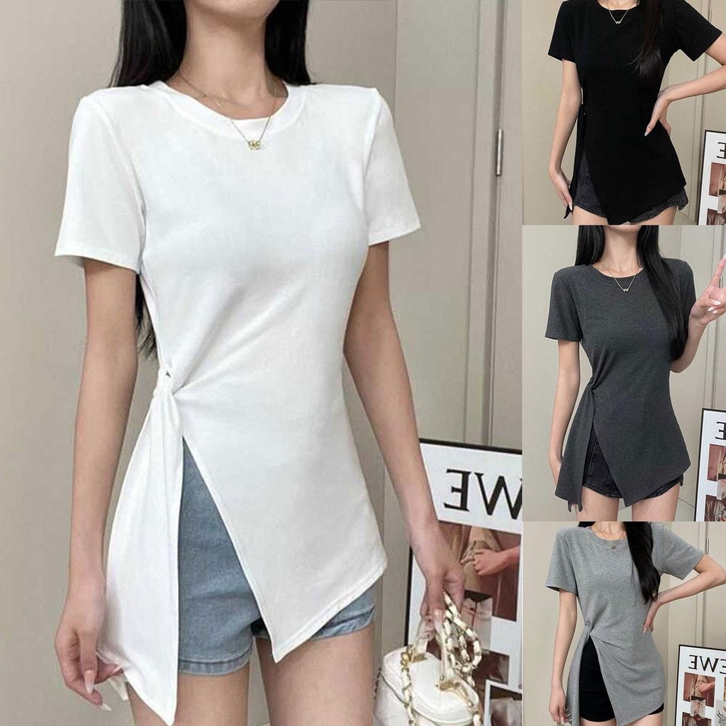 Dahong💖 เสื้อยืด oversize แขนสั้นผู้หญิง สีทึบ  เสื้อผ้าแฟชั่นผู้หญิง ผ่าข้าง  xxl 2663