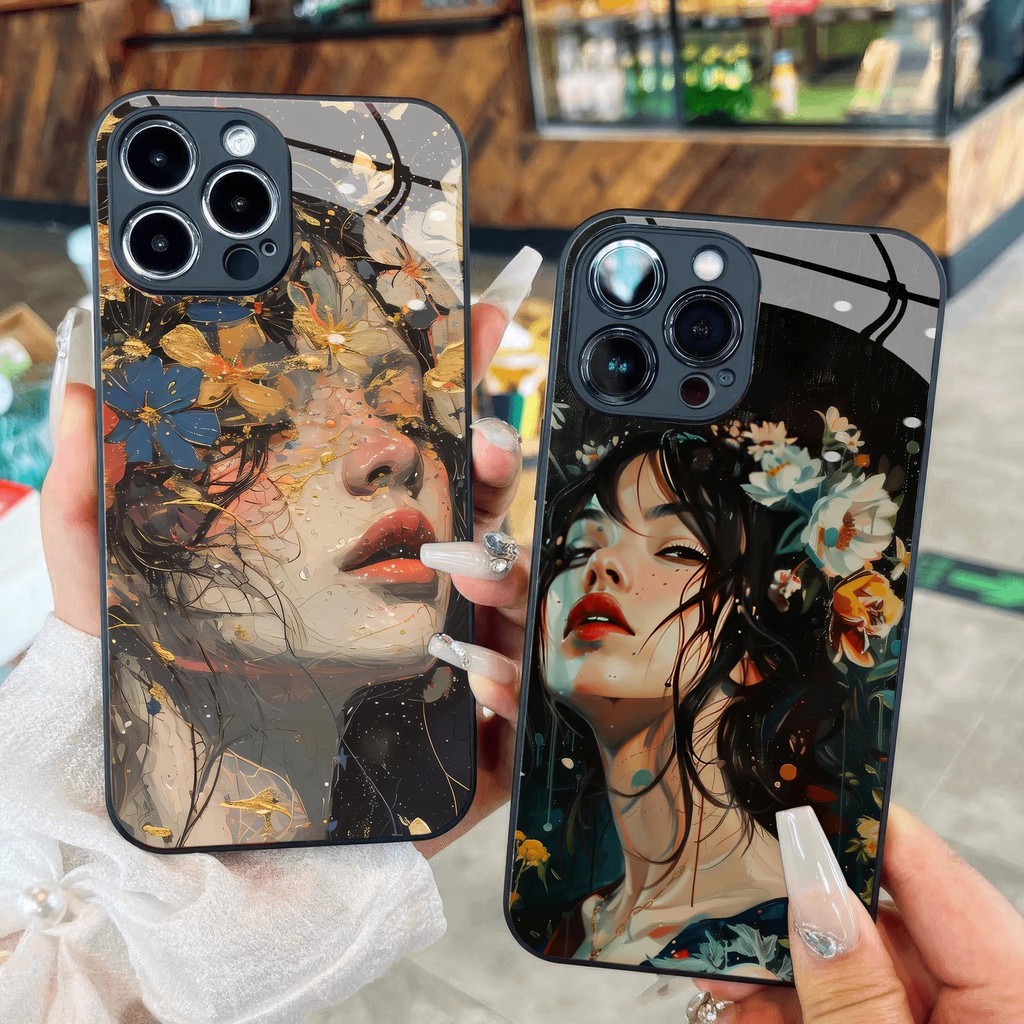 สาวและดอกไม้ 3d สวยกรณีแก้วสําหรับ iPhone 16 15 14 13 12 11 8 7 6 6s 6p 7p 8p 6g 7g 8g Pro Max XR XS