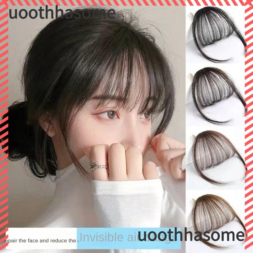 Uothhasome Air Bangs Hairpiece, สังเคราะห์สําหรับสาว Mini Fake Bangs, สีดําสีน้ําตาลผู้หญิง Hairpiec
