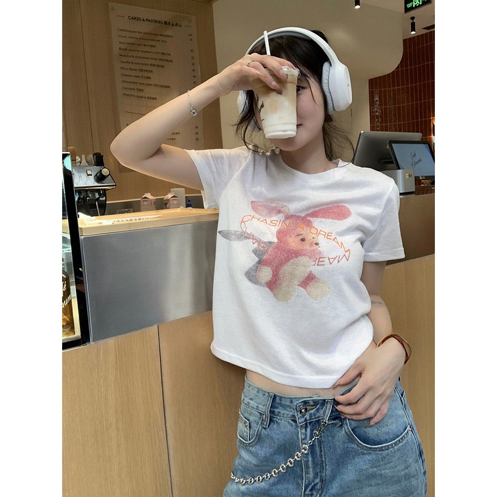 (จัดส่งตลอด 24 ชั่วโมง）OOOK Official 现货~南油女装粉色兔子字母印花情侣廓形短袖上衣短款圆领紧身t恤