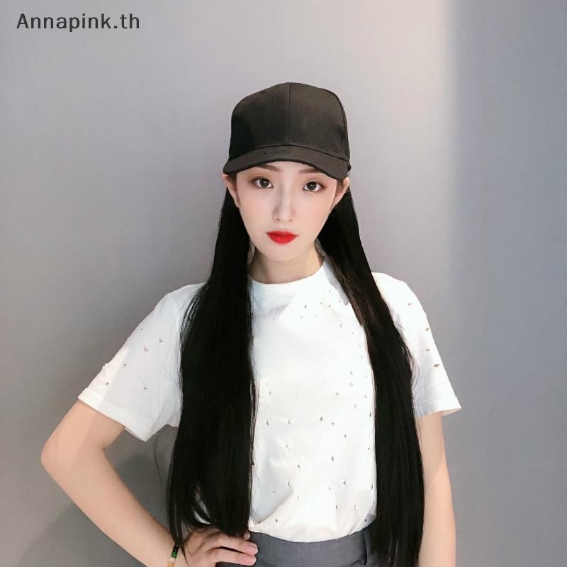 Ank แฟชั่นเบสบอลสีดําพร้อมวิกผมผู้หญิงฤดูร้อนสังเคราะห์ผมยาวตรงหมวกปรับได้วิกผม EN - รูปที่ 7