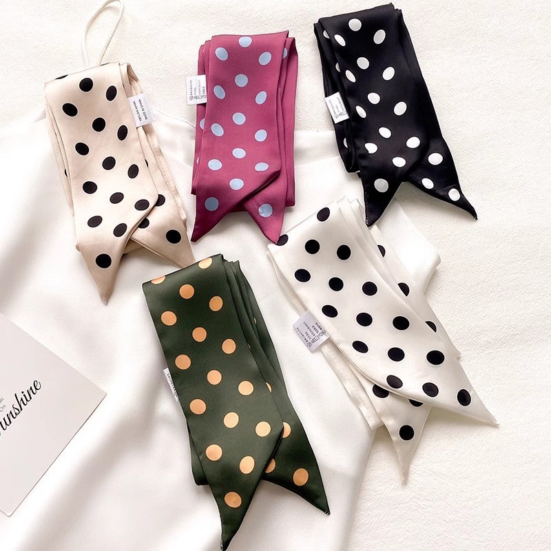 ผ้าคาดผมลายจุดสไตล์ฝรั่งเศสร้อยเส้นผ้าพันคอไหมเส้นเล็กสำหรับผู้หญิงเสื้อเชิ้ตสำหรับฤดูใบไม้ผลิและฤดูใบไม้ร่วงผ้าพันคอยาวผูกผมตกแต่งกระเป๋า