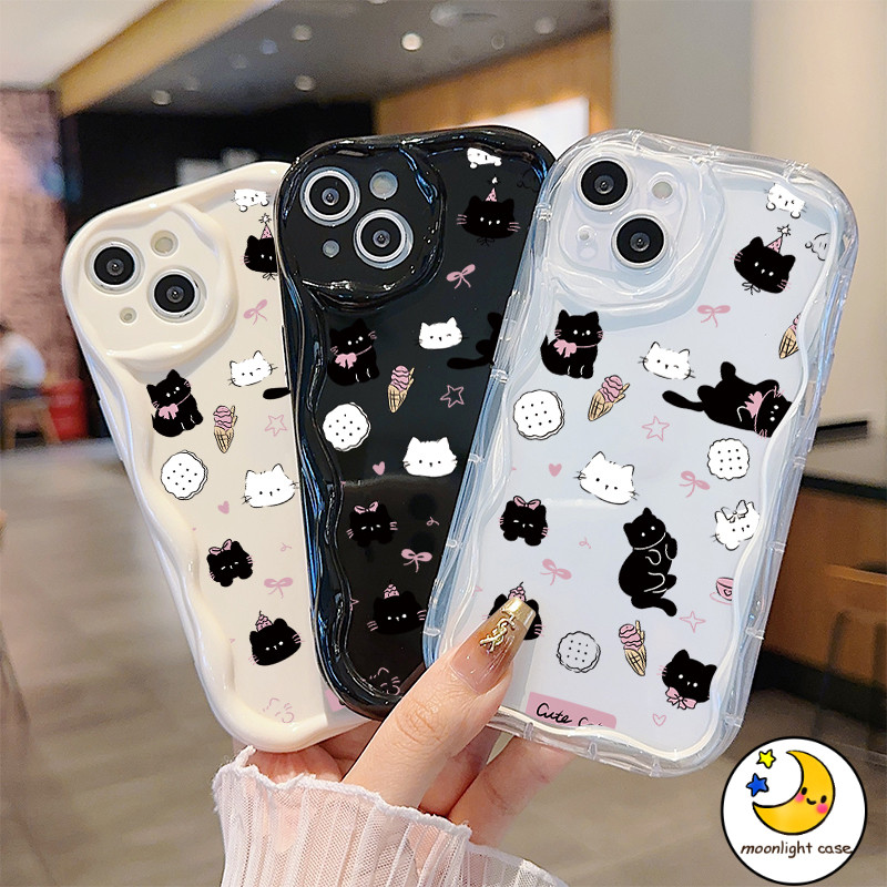 ใช้ได้กับเคส iPhone12 13 14 15 16 Pro MAX PLUS X XS XR XS 6p 7p 8pP6/7/8/SE2/SE3lus SE2020 แมวดำน่ารักทันสมัยพร้อมโบว์