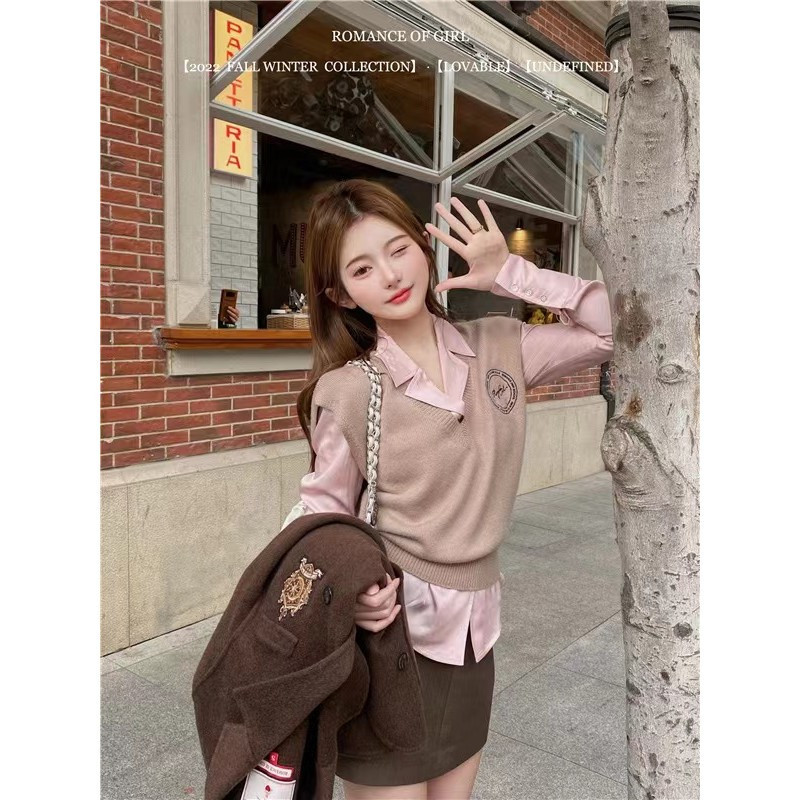 RomanceOfGirl/adj.Classic สไตล์ Meimei Commuter Card เอวเสื้อขนสัตว์ถักเสื้อกั๊กจําตาราง Xi 4BO0 UZY