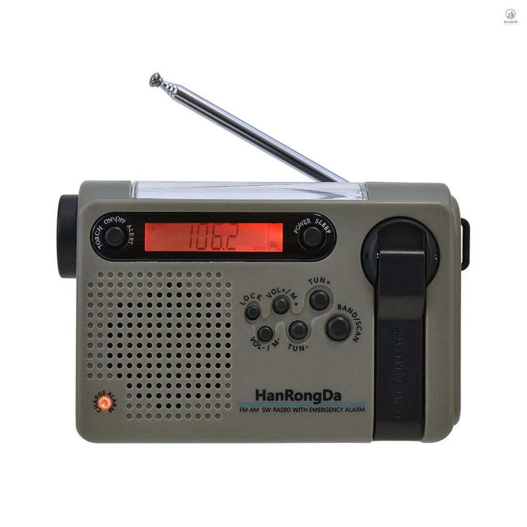Hanrongda วิทยุฉุกเฉินกลางแจ้งแบบพกพา AM FM SW วิทยุพลังงานแสงอาทิตย์ Hand Crank พร้อมไฟฉาย LED 2000mAh แบตเตอรี่ SOS Alarm