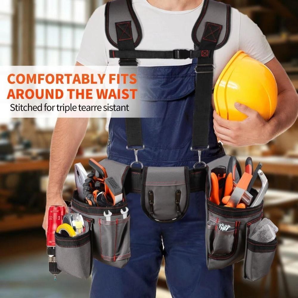 AEROFLOW เข็มขัดเครื่องมือมืออาชีพ, เข็มขัดเครื่องมือความจุขนาดใหญ่แบบปรับได้พร้อมสายเอี๊ยม, ประเภทเสื้อกั๊กหลายกระเป๋าสวมใส่สบายช่างไฟฟ้ากระเป๋าเครื่องมือพิเศษช่างไม้ - รูปที่ 3