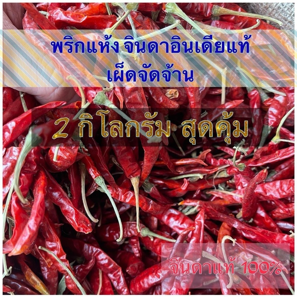 ก้านแท้ (ก้านแท้ 2 กิโลกรัม) พริกจินดาอินเดียแท้ 100% แบบมีก้าน เผ็ดมากๆ เผ็ดสุดในหมวดพริกจินดา