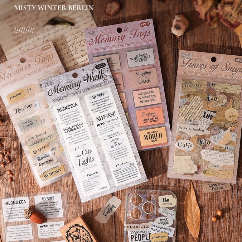 (6 ชิ้น/แพ็คเก็ต) ข้อความสติกเกอร์ไดคัท Retro PET ภาษาอังกฤษตกแต่ง Hand Ledger ถ้วยน้ําเคสโทรศัพท์สติกเกอร์