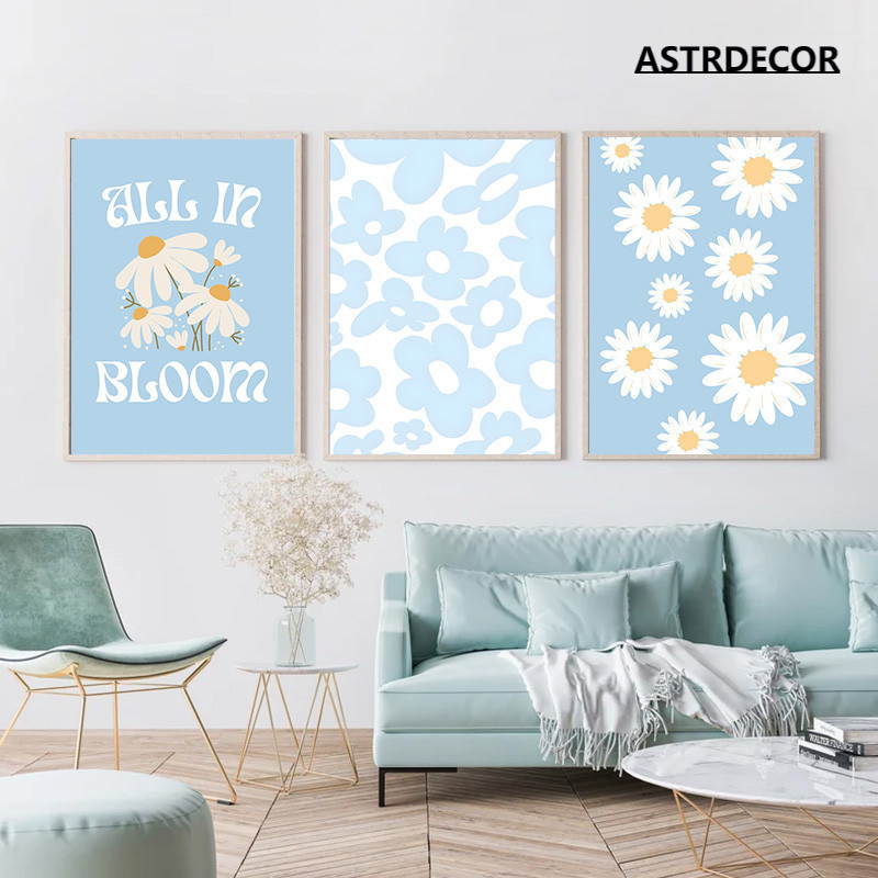Light Blue Daisy Boho Minimalist Wall Art โมเดิร์นแนวโน้มแฟชั่นน่ารักห้องนอนตกแต่งบ้าน Frameless ผ้าใบภาพวาดโปสเตอร์