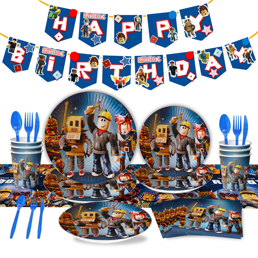 Roblox Theme แบนเนอร์เค้ก Topper แผ่นกระดาษถ้วยเด็กวันเกิดตกแต่งบอลลูนชุดอุปกรณ์