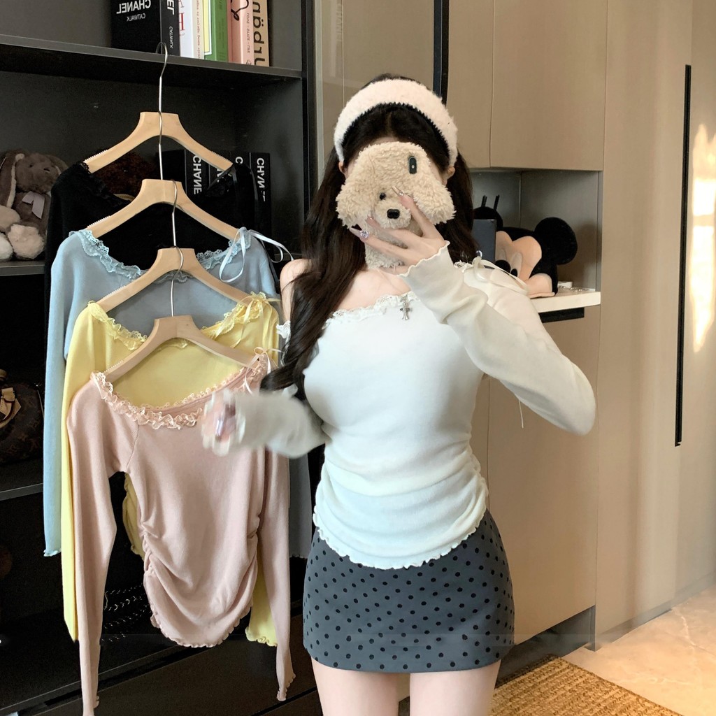 Chili Koko เสื้อลูกไม้แขนยาวเปิดไหล่สไตล์ฝรั่งเศสไม่สม่ำเสมอสำหรับผู้หญิง เสื้อทรงเข้ารูปสำหรับฤดูร้อน H060