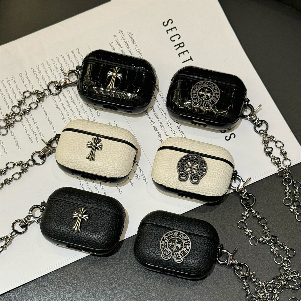 Chrome Cross ฝาครอบหนังปลอกเชลล์พร้อมเชือกเส้นเล็กสําหรับ AIRPODS 4 ANC PRO3 PRO 1/2/3 เคสป้องกัน