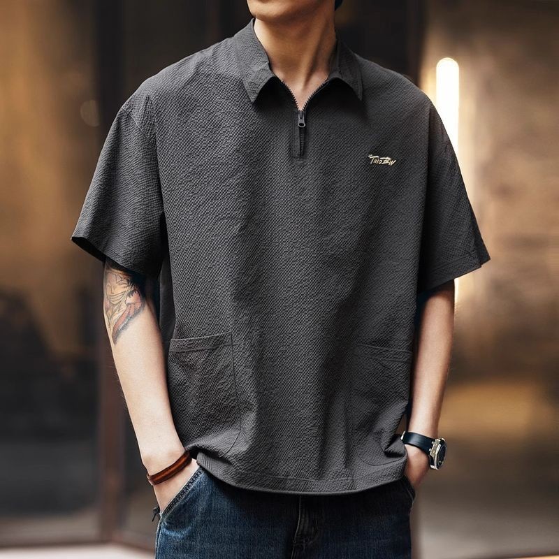 Pannofluxus เสื้อโปโลผู้ชายแขนสั้นญี่ปุ่นผ้าไหมน้ําแข็งเรียบง่ายเย็นครึ่งซิปแห้งเร็วแขนสั้น