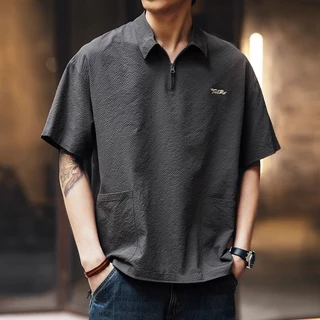 Pannofluxus เสื้อโปโลผู้ชายแขนสั้นญี่ปุ่นผ้าไหมน้ําแข็งเรียบง่ายเย็นครึ่งซิปแห้งเร็วแขนสั้น