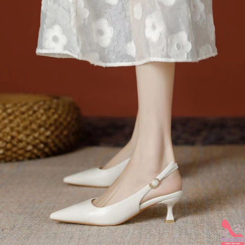 [PY] แฟชั่นรองเท้าแตะสีเบจเกาหลีหรูหราส้นรองเท้าสํานักงานพร้อมรองเท้าครึ่งผู้หญิง