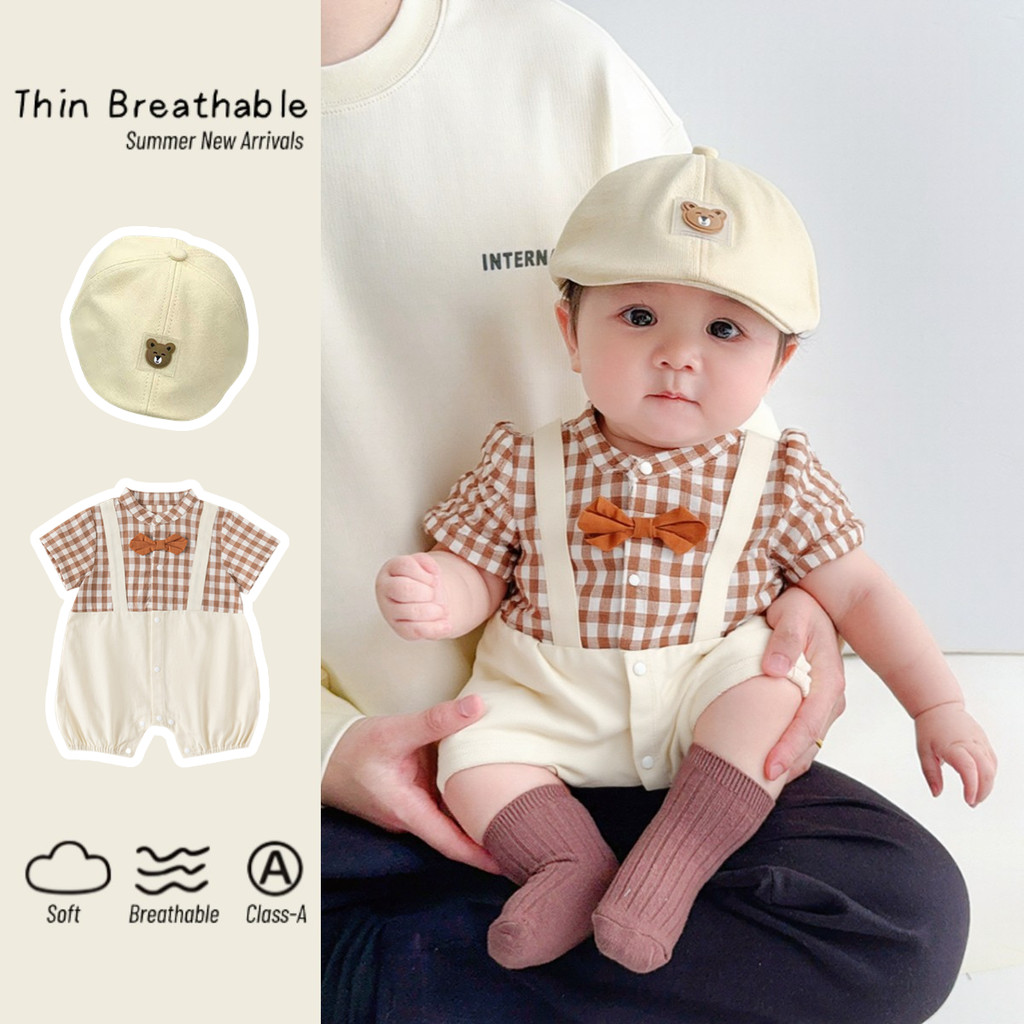 ฤดูร้อนใหม่เสื้อผ้าเด็กชายและหญิงแขนสั้นสุภาพบุรุษ Bodysduit 0-28 เดือนเด็กโบว์ลายสก๊อต Splicing สไตล์อังกฤษวันเกิด Christening Romper