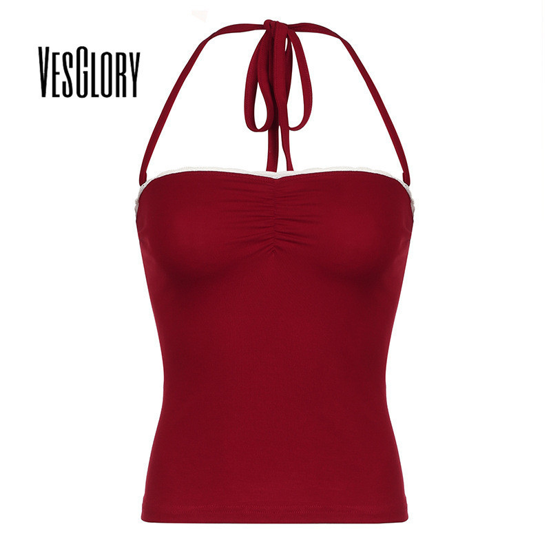 Vesglory เสื้อกล้าม สายคล้องคอ ขอบลูกไม้ ทรงสลิมฟิต แฟชั่นใหม่ สําหรับผู้หญิง 2024