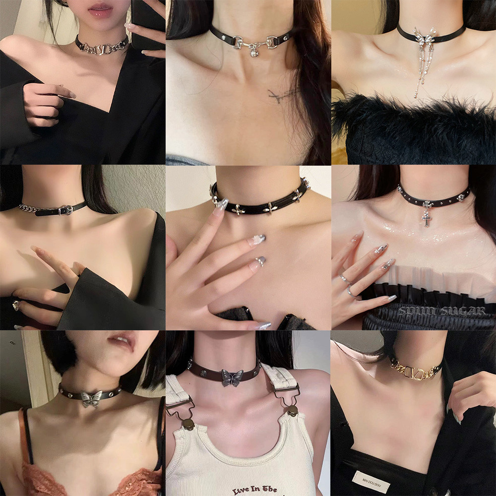 เครื่องประดับ สร้อยคอโชคเกอร์ หนัง PU ฝังผีเสื้อ สีดํา สไตล์วินเทจ สําหรับผู้หญิง Y2K