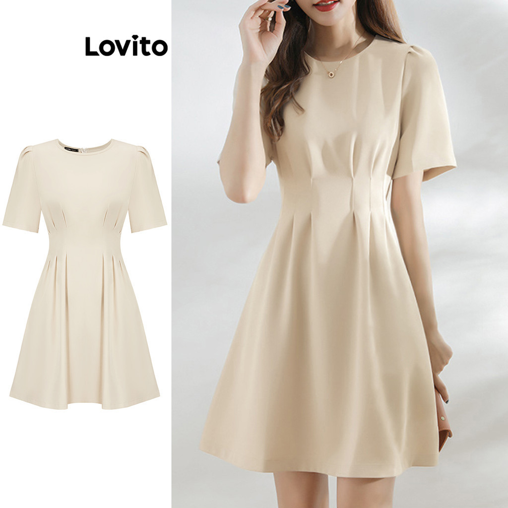Lovito ชุดเดรสผู้หญิง แต่งจีบ สีพื้น สไตล์ลำลอง L83EN351