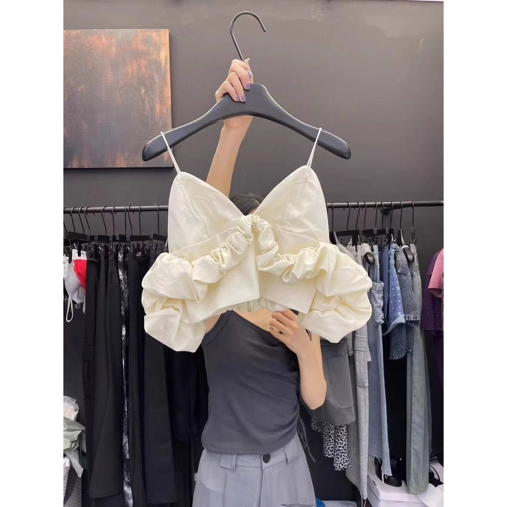 ใหม่ เสื้อสายเดี่ยว คอวี เปิดไหล่ แขนพัฟ จับจีบ สไตล์เกาหลี แฟชั่นฤดูใบไม้ผลิ และฤดูร้อน สําหรับผู้หญิง 2024