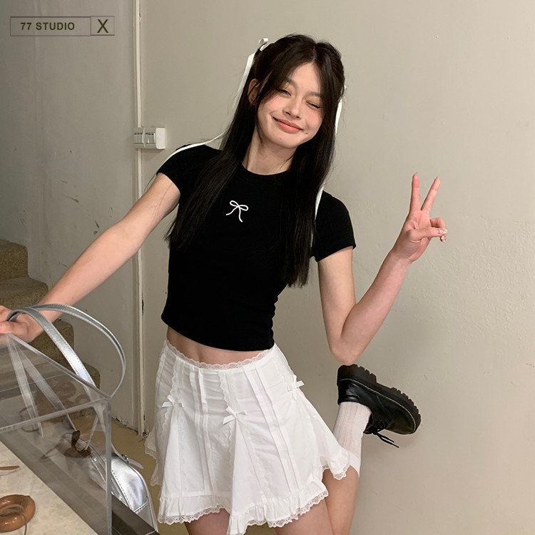พร้อมส่งจากกรุงเทพ เสื้อยืดผ้าฝ้าย 100% โบว์ เสื้อครอปแขนสั้น ผ้าคัตติ้งนุ่มใส่สบายแขนสั้นเซ็กซี่น่ารัก baby tee