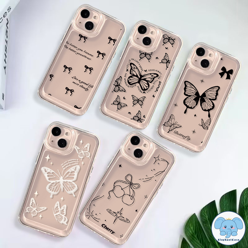 ดูเดิลน่ารักผีเสื้อดูเดิลน่ารักเชอร์รี่โบว์ตัวเรือนใส iPhone 11 15 14 7Plus XR 12 13 Pro Max X 14 15 8 7 Plus SE XS Max
