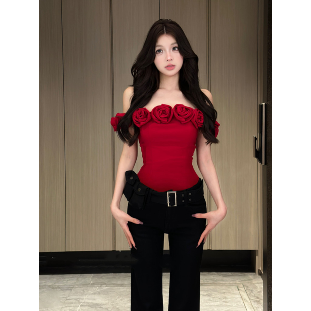 Sling Tube Top เสื ้ อฤดูใบไม ้ ผลิสีแดงและสีดํา [Slim Fit ] หญิง Rose Slimmer Look Rose เสื ้ อยืดไหล ่ เดียว VGQ7
